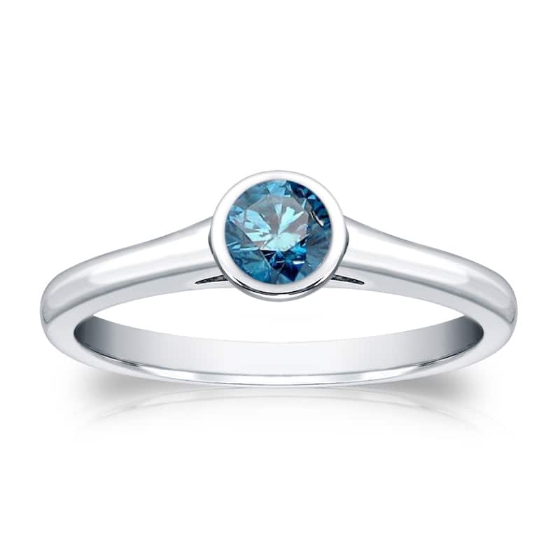 Auriya Round 1/3ctw Bezel Set Solitaire Blue Diamond Engagement Ring 14K Gold (I1-I2) - 4 - White