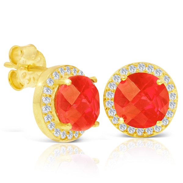 Carat Carnelian and Created Diamond Halo Stud Earrings In 14 Karat