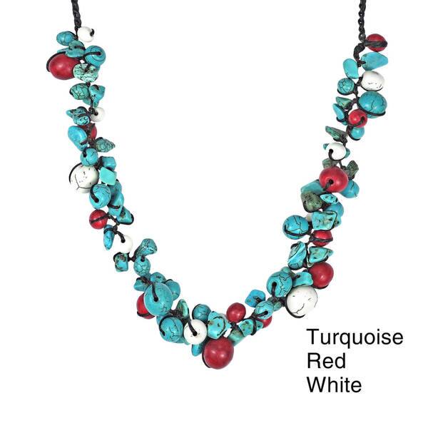 Handmade Turquoise Bead and Gold Cotton Cord Necklace