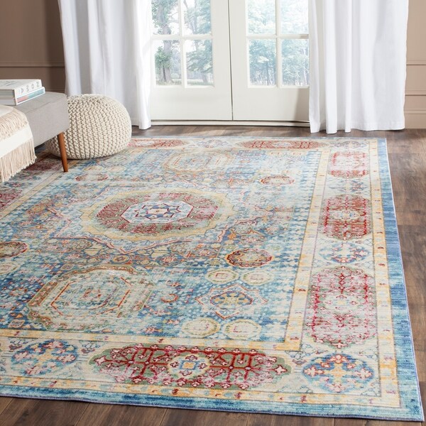 Safavieh Valencia Blue/ Multi Center Medallion Distressed Silky Polyester Rug - 9' x 12'