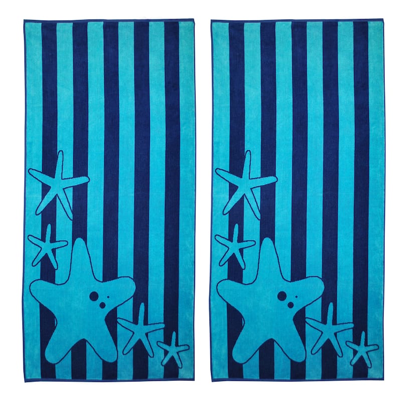 Superior Oversize Jacquard Cotton Beach Towels - Starfish-Blue (Set of 2) - 34 x 65