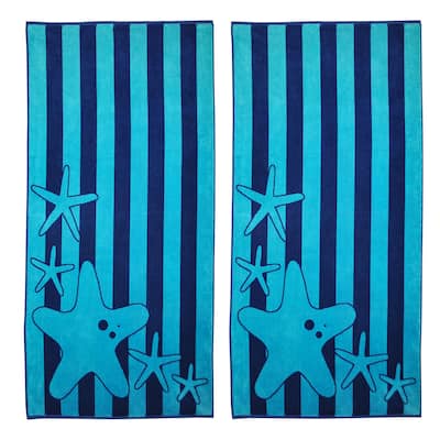 Superior Oversize Jacquard Cotton Beach Towels - Starfish-Blue (Set of 2) - 34 x 65