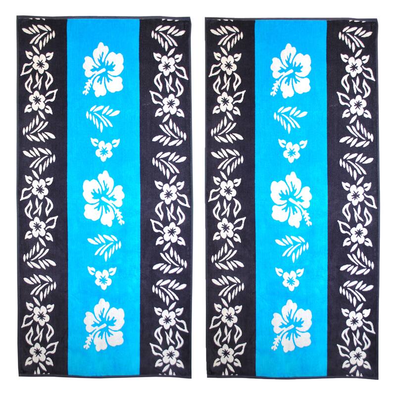 Superior Oversize Jacquard Cotton Beach Towels - Hibiscus-Blue (Set of 2)