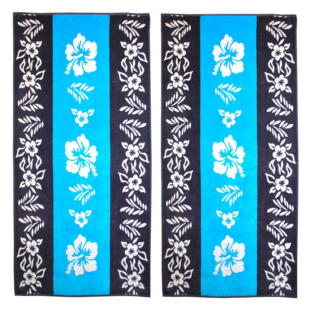 Superior Oversize Jacquard Cotton Beach Towels - Hibiscus-Blue (Set of 2)
