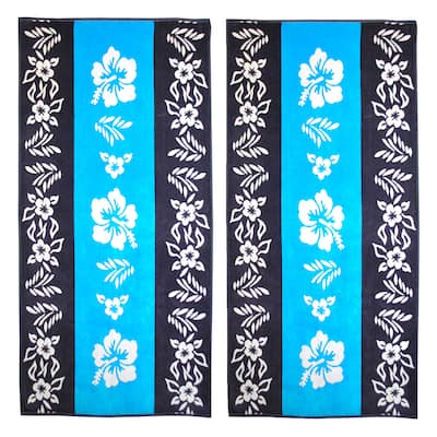 Superior Oversize Jacquard Cotton Beach Towels - Hibiscus-Blue (Set of 2)