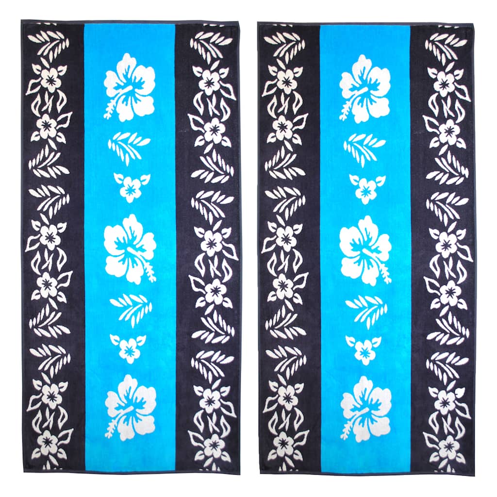Superior Oversize Jacquard Cotton Beach Towels - Hibiscus-Blue (Set of 2)