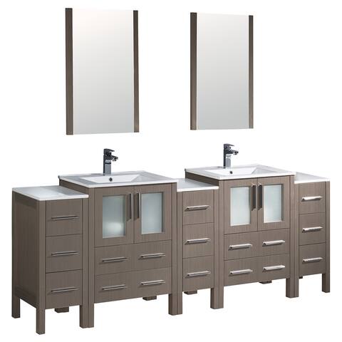 Fresca Torino 84-inch Grey Oak Modern Double Sink Bathroom Vanity with 3 Side Cabinets and 2 Integrated Sinks