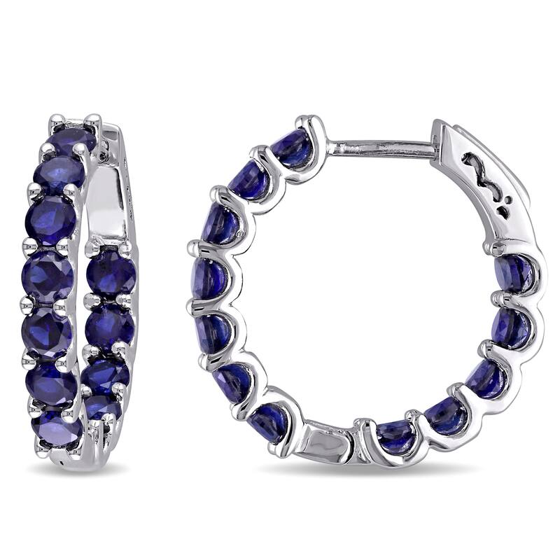 Miadora Sterling Silver Created Blue Sapphire Hoop Earrings