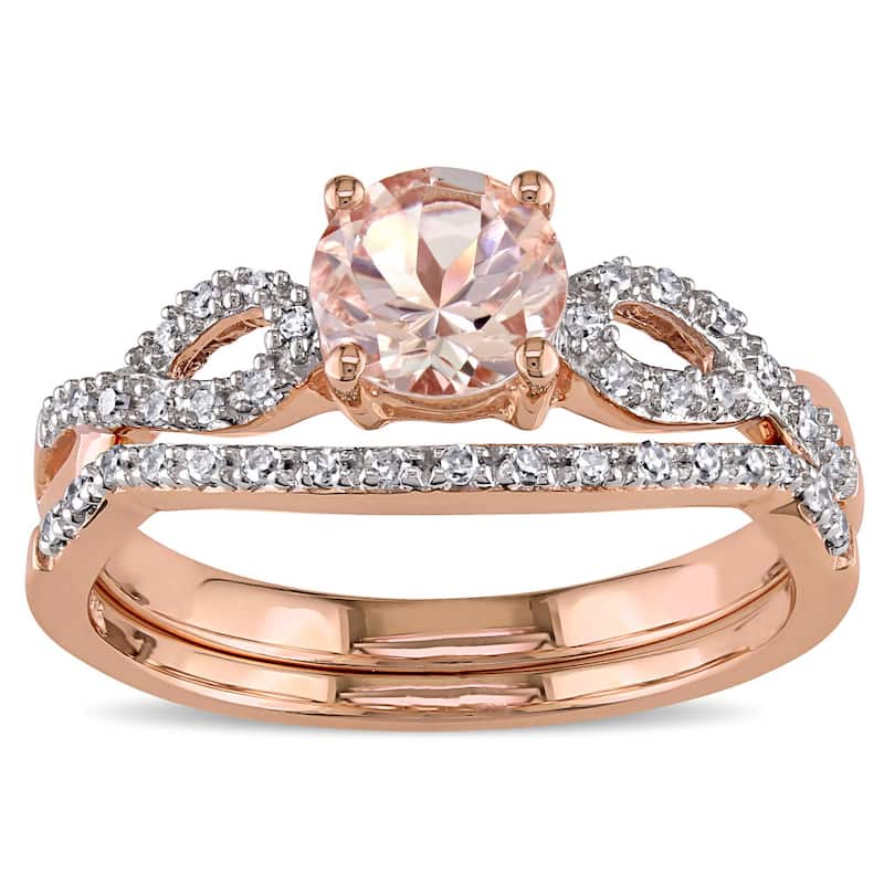 Miadora Signature Collection 10k Rose Gold Morganite and 1/6ct TDW Diamond Bridal Ring Set - 4