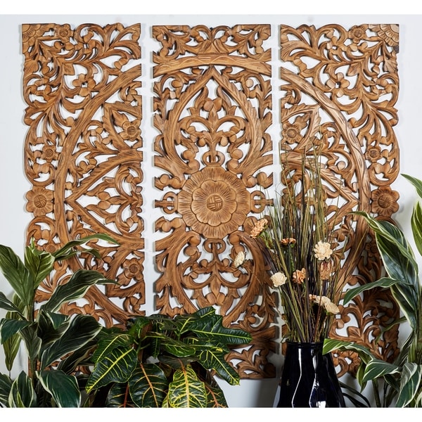 24” x 71” Hand-Carved Wood Wall Panels w/ Floral and Acanthus Designs by Studio 350 - Brown