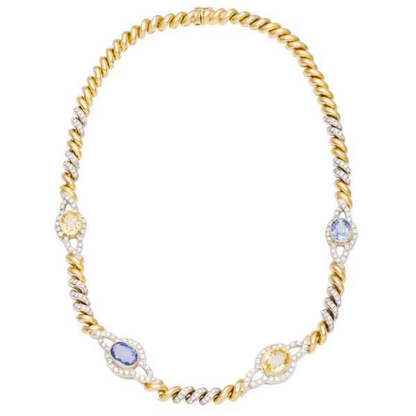 18k Yellow Gold 3 1/4ct TDW Diamond and Sapphire Link Estate Necklace (G-H, VS1-VS2)