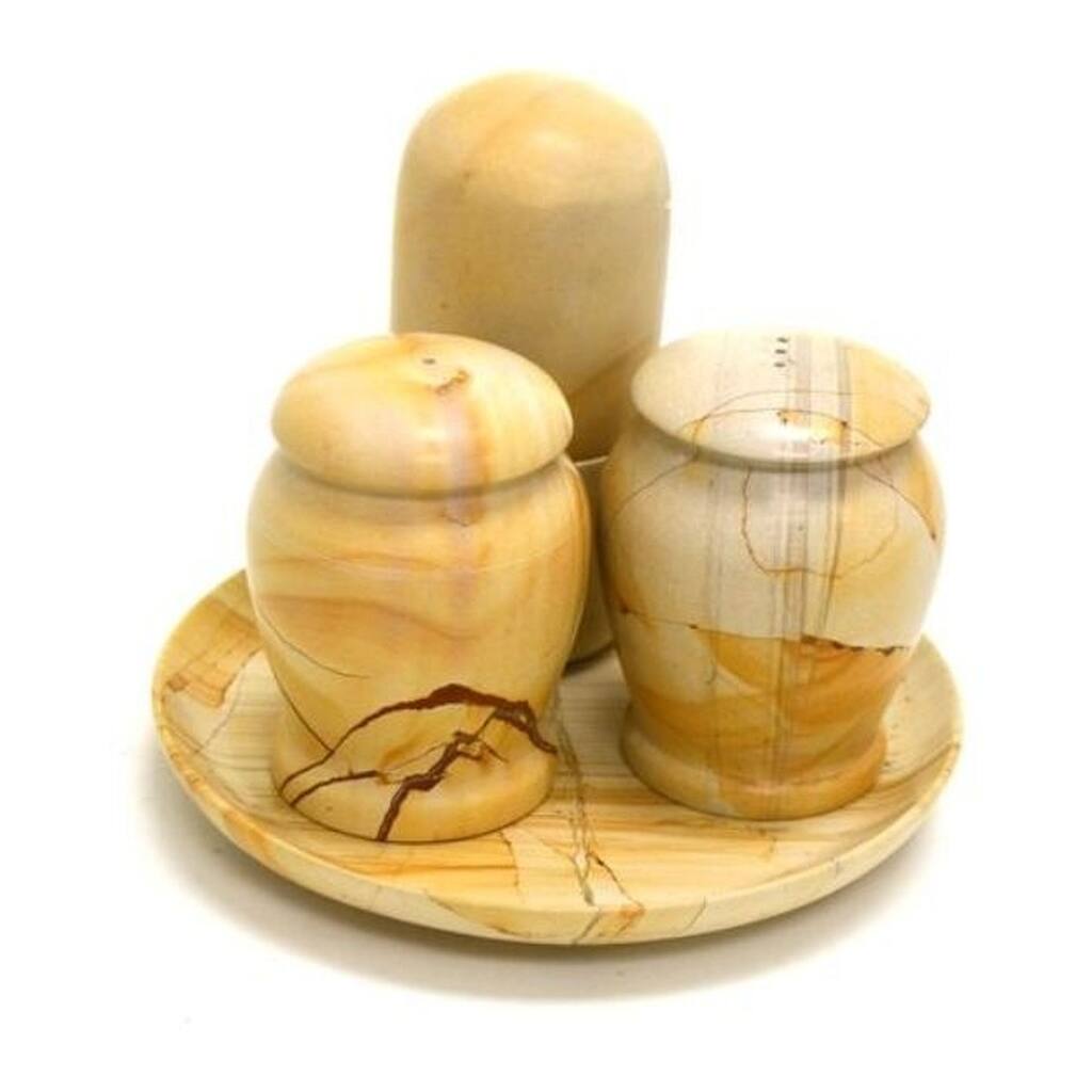 Teak Marble Salt and Pepper with Toothpick Holder Set