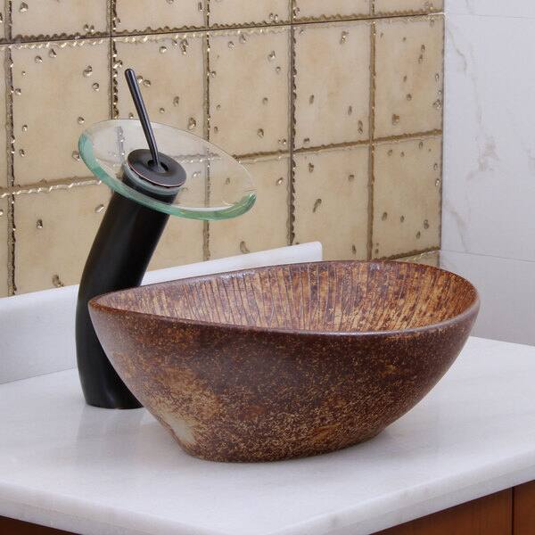 Ceramic Matte Black Oval Vessel Sink With Gold Trim – Includes Waterfall Faucet & Pop-Up Drain, 24.5" X 13.8"