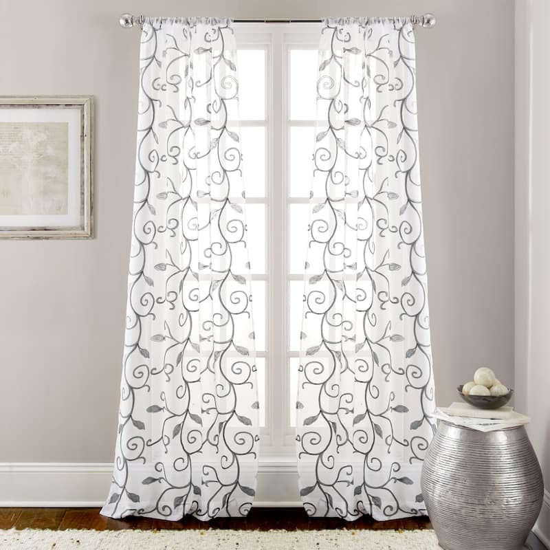 Modern Threads Leaf Swirl Embroidered Curtain Panel Pair - 37 x 84 - 37 x 84 - Grey