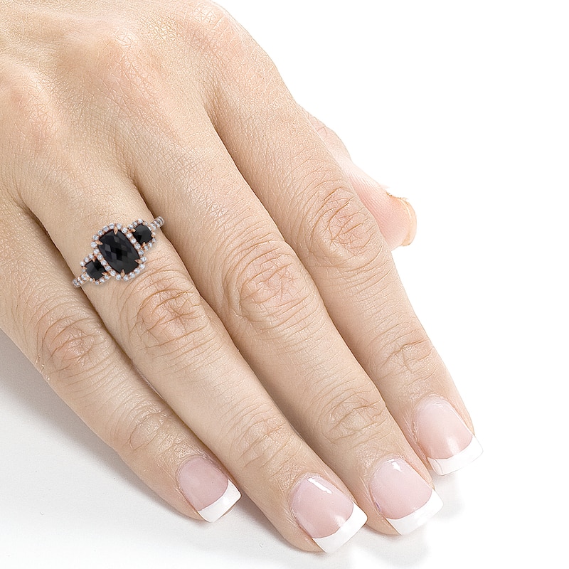 Kobelli 2 Carat Black & White Diamond 14k Solid Rose Gold Elongated Triple Halo Cushion Three Stone Ring