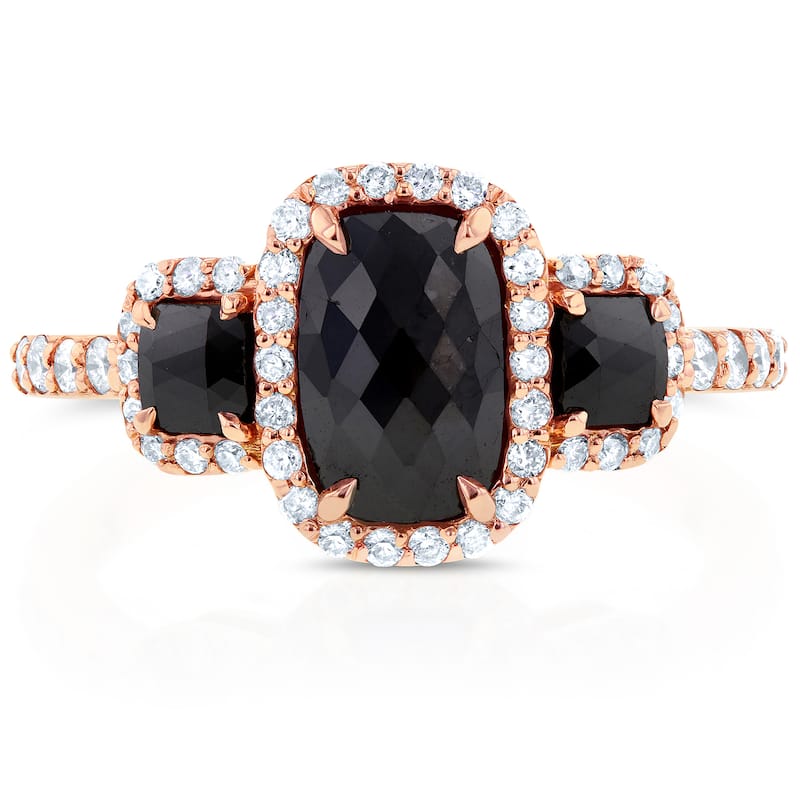 Kobelli 2 Carat Black & White Diamond 14k Solid Rose Gold Elongated Triple Halo Cushion Three Stone Ring