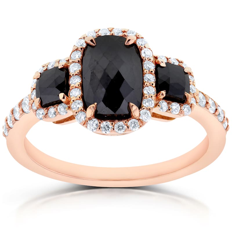 Kobelli 2 Carat Black & White Diamond 14k Solid Rose Gold Elongated Triple Halo Cushion Three Stone Ring