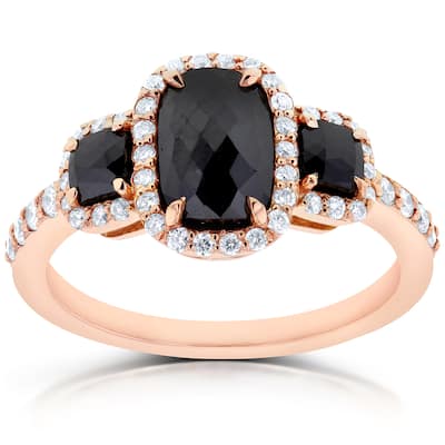 Kobelli 2 Carat Black & White Diamond 14k Solid Rose Gold Elongated Triple Halo Cushion Three Stone Ring