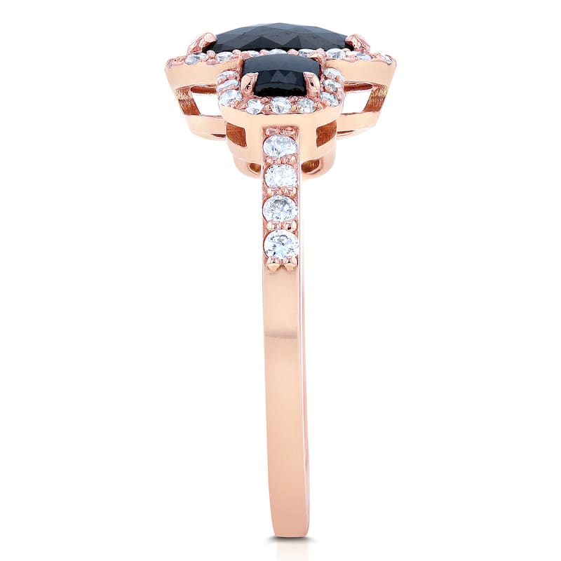 Kobelli 2 Carat Black & White Diamond 14k Solid Rose Gold Elongated Triple Halo Cushion Three Stone Ring