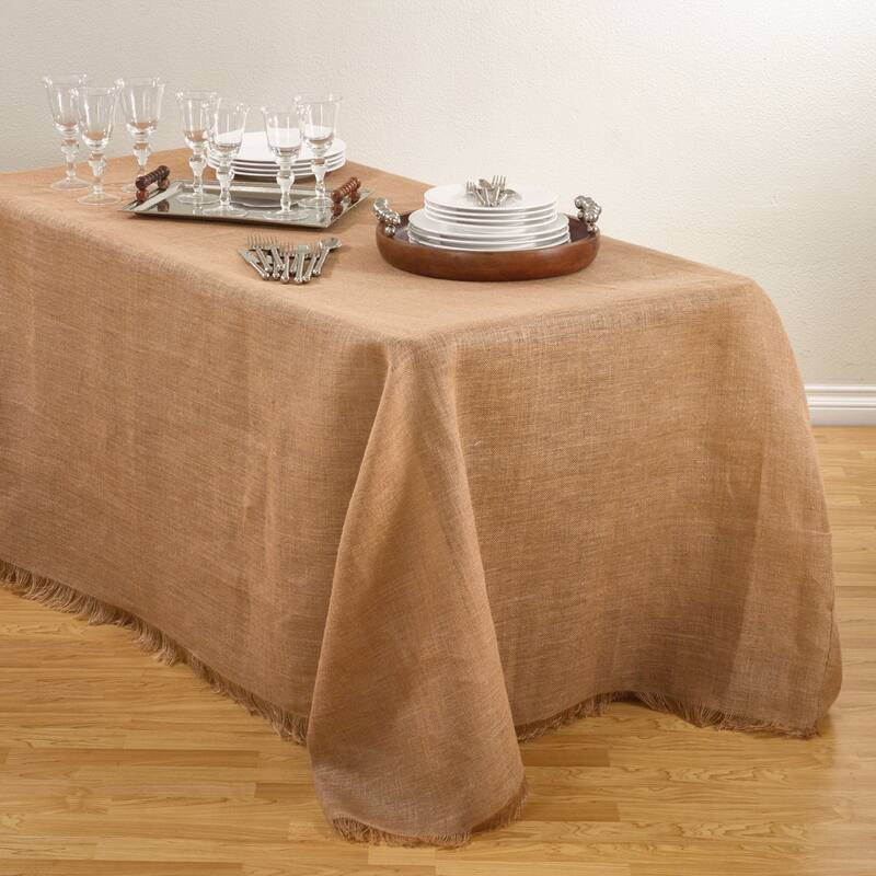 Fringed Burlap Design Tablecloths. - Natural - 90" x 120"