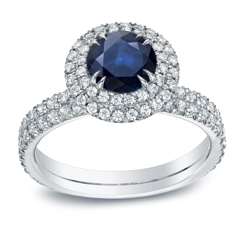 Auriya 3/4ct Round Blue Sapphire and 1ctw Double Halo Diamond Engagement Ring 14k Gold - 4 - White
