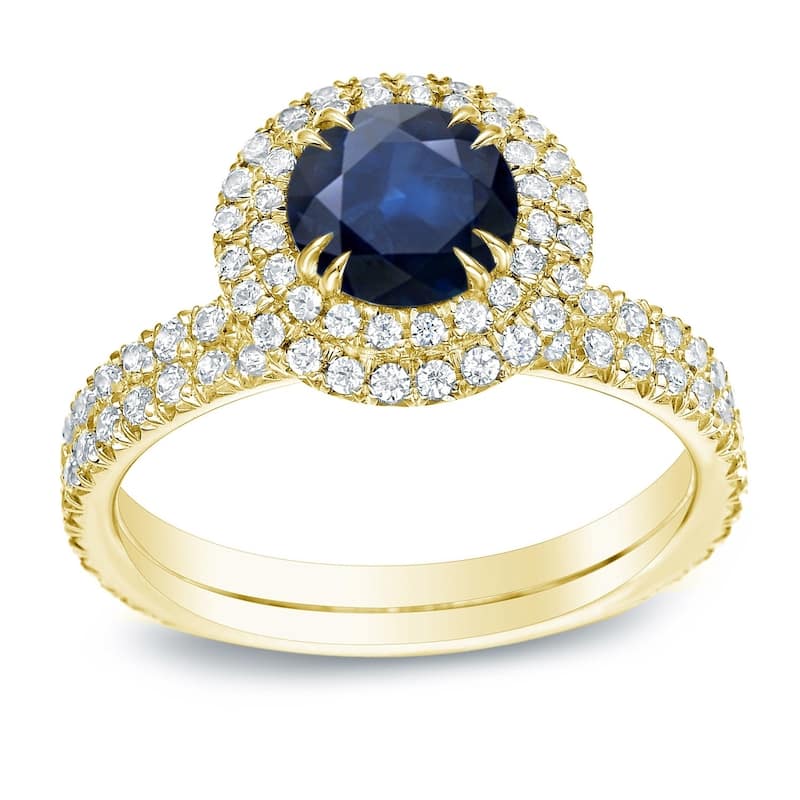 Auriya 3/4ct Round Blue Sapphire and 1ctw Double Halo Diamond Engagement Ring 14k Gold - 4 - Yellow