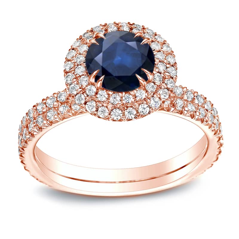 Auriya 3/4ct Round Blue Sapphire and 1ctw Double Halo Diamond Engagement Ring 14k Gold