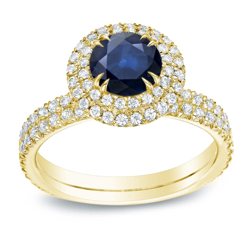 Auriya 3/4ct Round Blue Sapphire and 1ctw Double Halo Diamond Engagement Ring 14k Gold