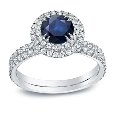 Auriya 3/4ct Round Blue Sapphire and 1ctw Double Halo Diamond Engagement Ring 14k Gold