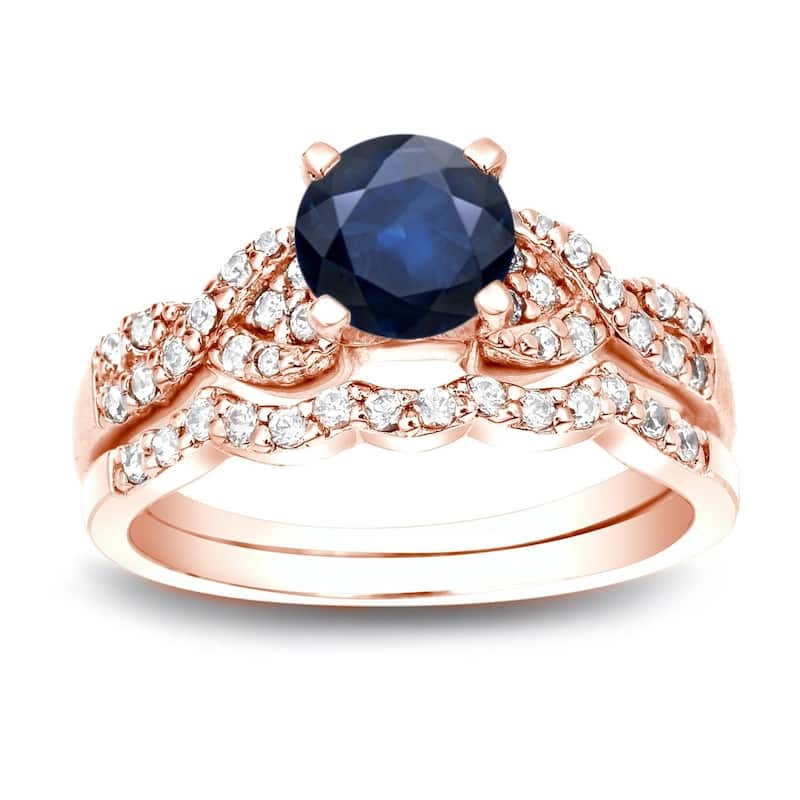 Auriya Braided Twist 3/5ct Blue Sapphire and 2/5ctw Diamond Engagement Ring Set 14K Gold - 10 - Rose