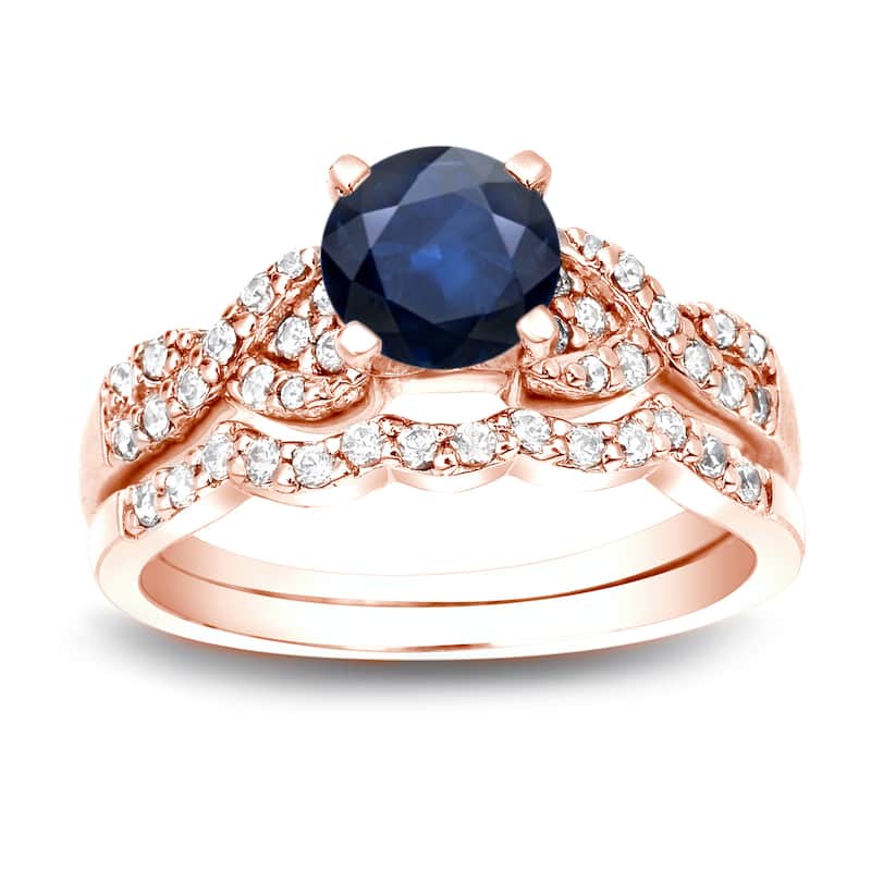 Auriya Braided Twist 3/5ct Blue Sapphire and 2/5ctw Diamond Engagement Ring Set 14K Gold - 4 - Rose