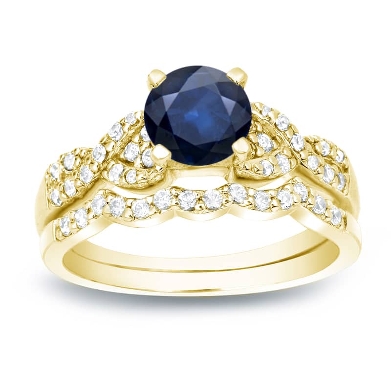 Auriya Braided Twist 3/5ct Blue Sapphire and 2/5ctw Diamond Engagement Ring Set 14K Gold - 4 - Yellow
