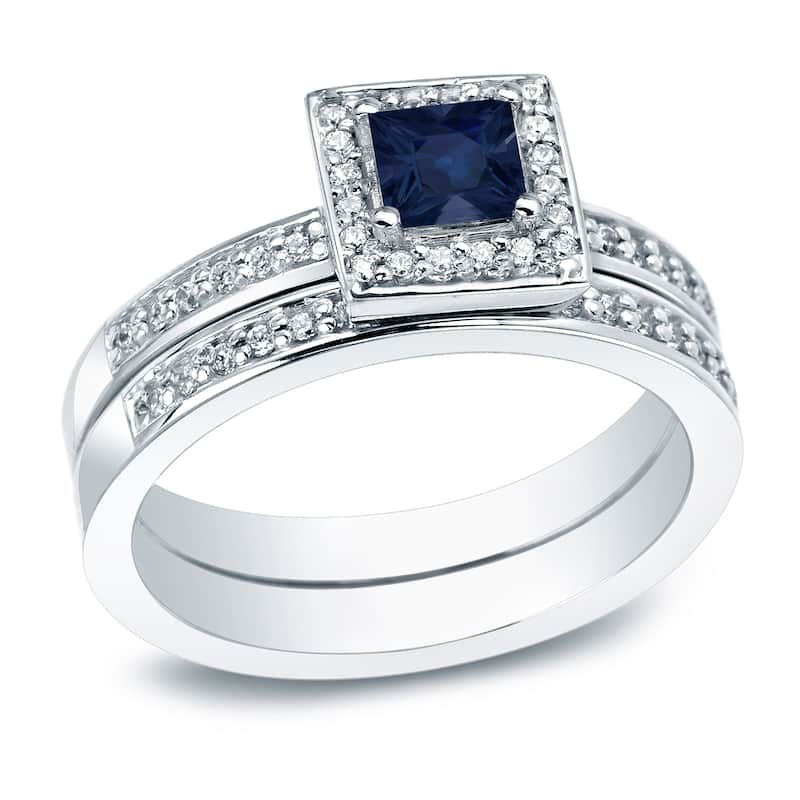 Auriya 14k Gold 1/2ct Princess-cut Blue Sapphire and 1ctw Halo Diamond Engagement Ring (I1-I2) - 4 - White