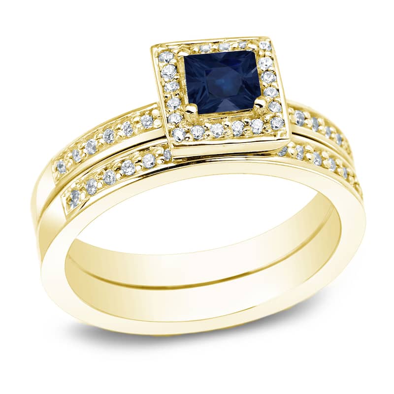 Auriya 14k Gold 1/2ct Princess-cut Blue Sapphire and 1ctw Halo Diamond Engagement Ring (I1-I2) - 4 - Yellow