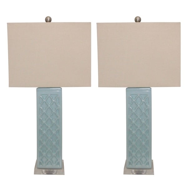 Rectangular Blue Trellis Ceramic Table Lamps (Set of 2)