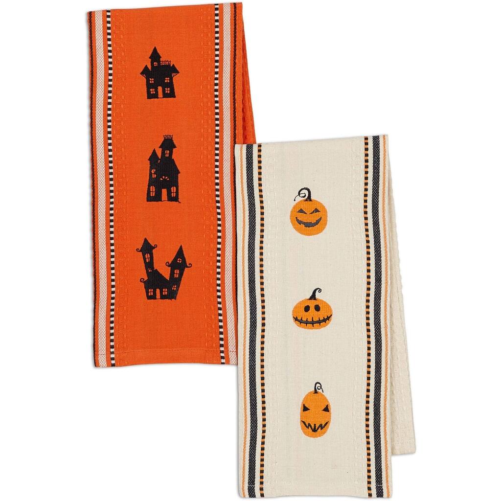 Jack O' Lanterns and Haunted Houses Embroidered Dishtowel (Set of 2)