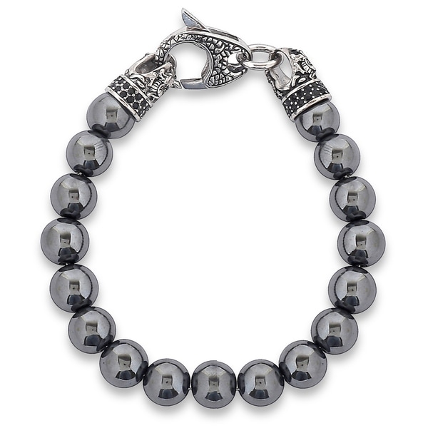 Crucible Antiqued Stainless Steel Polished Hematite Beaded Bracelet (10mm) - 8.5"