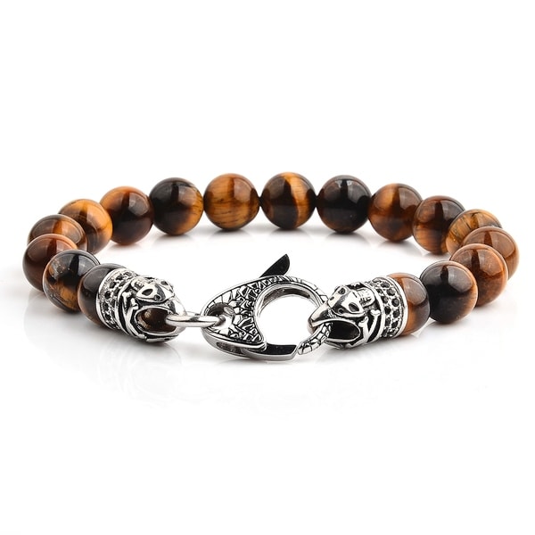 Crucible Antiqued Stainless Steel Polished Tiger's Eye Beaded Bracelet (10mm) - 8.5"