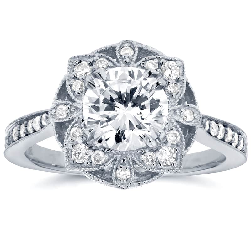Annello by Kobelli 14k White Gold 1 1/4ct TDW Round Diamond Floral Antique Engagement Ring - 4