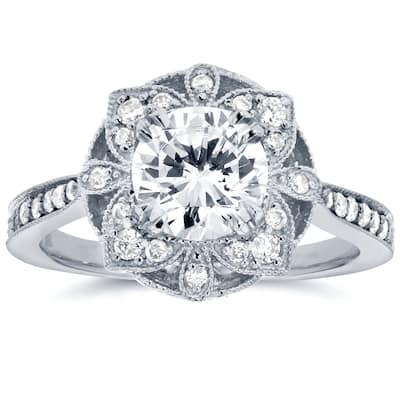 Annello by Kobelli 14k White Gold 1 1/4ct TDW Round Diamond Floral Antique Engagement Ring