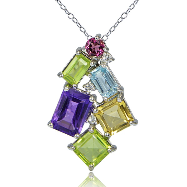 Glitzy Rocks Sterling Silver Muli Color Gemstones Octagon Cluster Necklace