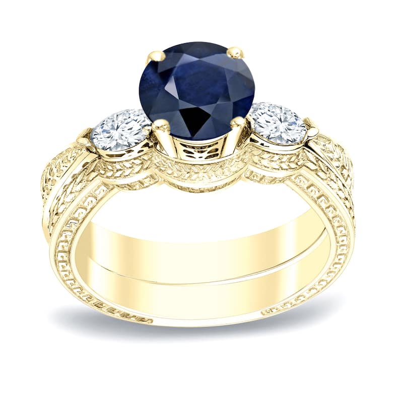 Auriya 14k Gold Vintage 1/2ct Sapphire and 1/3ctw 3-Stone Diamond Engagement Ring Set - Yellow - 4