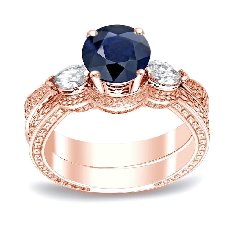 Auriya 14k Gold Vintage 1/2ct Sapphire and 1/3ctw 3-Stone Diamond Engagement Ring Set - Rose - 4