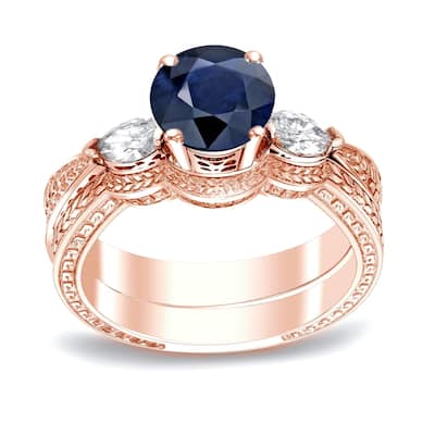 Auriya 14k Gold Vintage 1/2ct Sapphire and 1/3ctw 3-Stone Diamond Engagement Ring Set