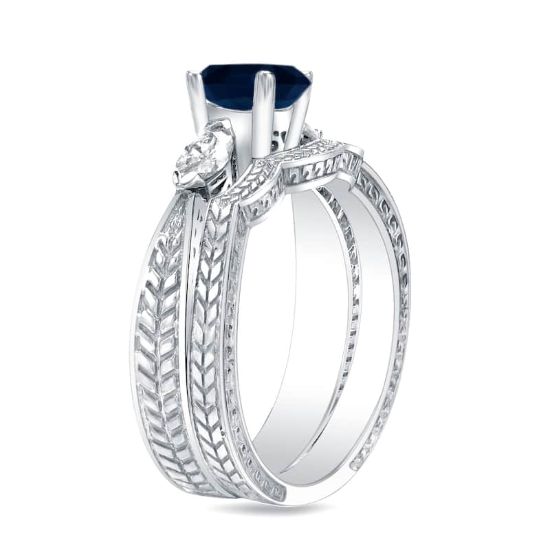 Auriya 14k Gold Vintage 1/2ct Sapphire and 1/3ctw 3-Stone Diamond Engagement Ring Set
