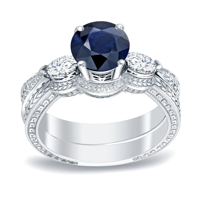 Auriya 14k Gold Vintage 1/2ct Sapphire and 1/3ctw 3-Stone Diamond Engagement Ring Set