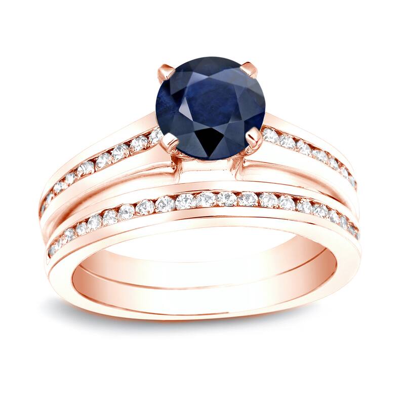 Auriya Round 3/4ct Blue Sapphire and 3/4cttw Channel Diamond Engagement Ring 14K Gold