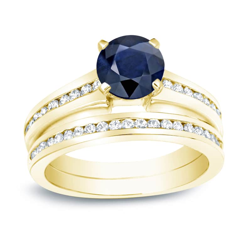 Auriya Round 3/4ct Blue Sapphire and 3/4cttw Channel Diamond Engagement Ring 14K Gold
