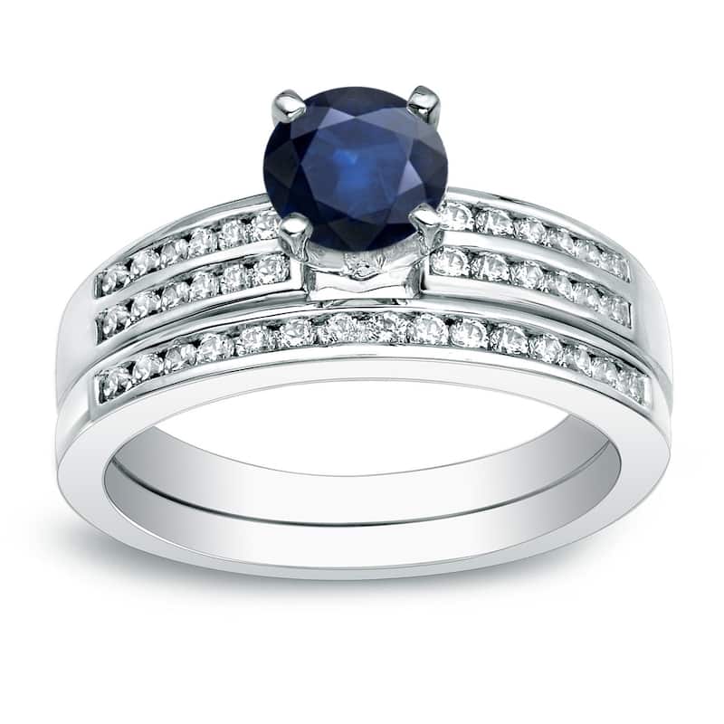 Auriya 14k Gold Round 3/5ct Sapphire and 2/5ctw Diamond Engagement Ring Set - White - 8