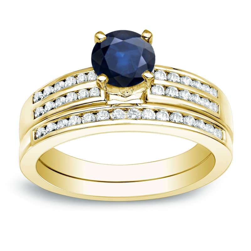 Auriya 14k Gold Round 3/5ct Sapphire and 2/5ctw Diamond Engagement Ring Set - Yellow - 9.5
